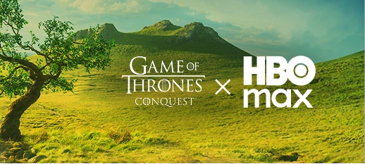 Game of Thornes Conquest and HBO Max logos overlapping a background of scenic green mountains and a large tree